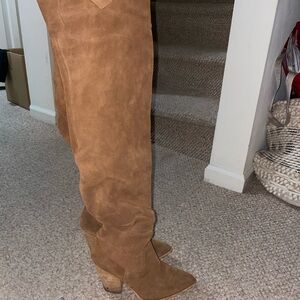 Suede Over-the-Knee Block Heel Boots - Tan